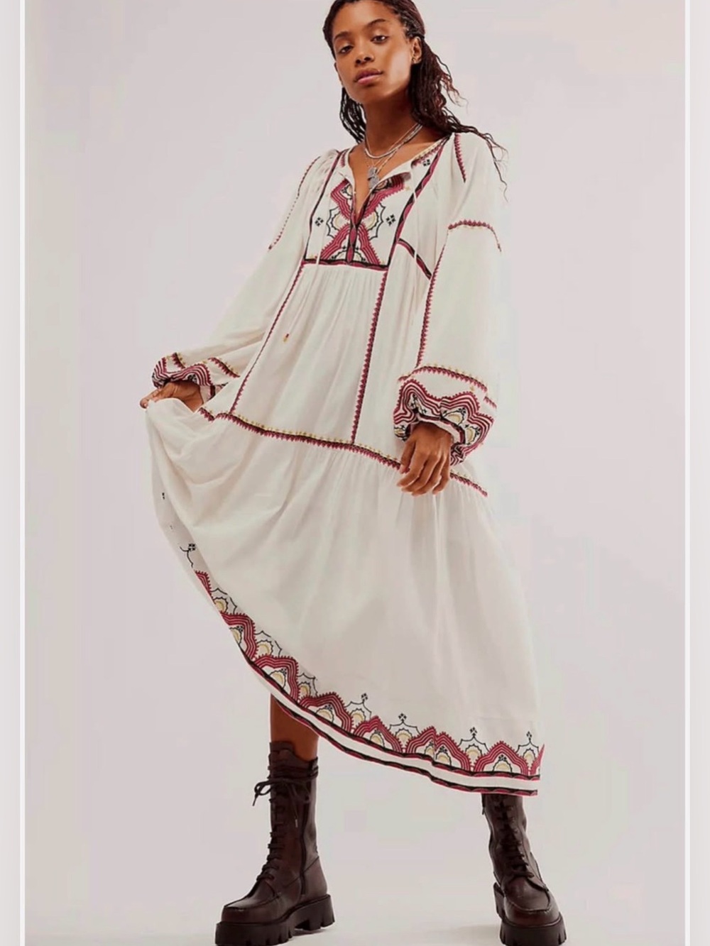 Free People Cream Maxi Dress with Maroon Embroidery. Will fit Large as well